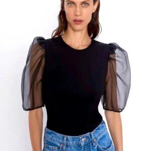 Zara Black Fitted Top with Puff See-Through Organza Sleeves Size XXL